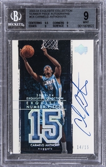 2003-04 UD "Exquisite Collection" Number Pieces Autographs #CA Carmelo Anthony Signed Game Used Patch Rookie Card (#14/15) – BGS MINT 9/BGS 10